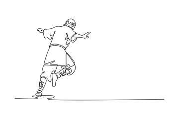 Single one line drawing male in powerful forward motion, showcasing fluid movement, speed, and disciplined posture of Shaolin Kung Fu routine. Continuous line draw design graphic vector illustration