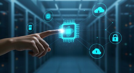 Cybersecurity concept with hand interacting with digital network and data protection icons.
