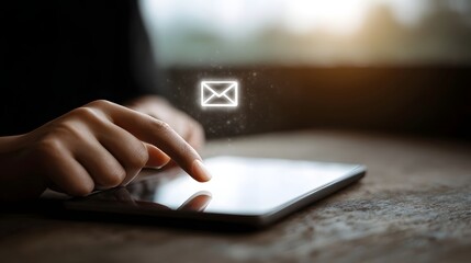 Hands interacting with a tablet displaying a glowing digital email icon symbolizing online communication