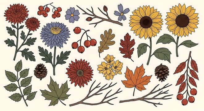 Autumnal botanical elements assortment with seasonal foliage decorations