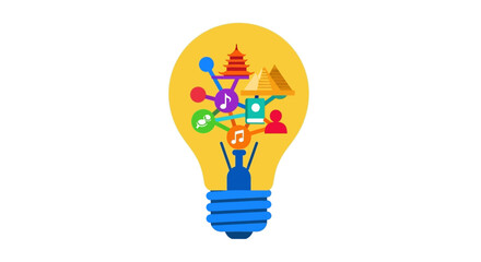 Lightbulb with diverse interconnected icons representing various fields of knowledge and creativity.