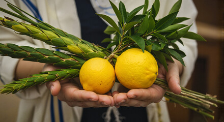 Person holding yellow lemons and myrtle branches for Sukkot celebration
