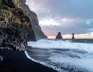 Dramatic black sand beach at dawn