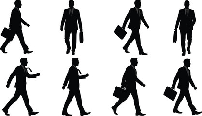 Business people silhouettes walking with briefcases in formal suits, corporate teamwork concept, professional office workers vector illustration design set