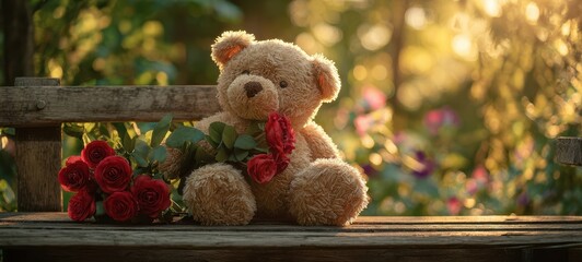 The teddy bear and red roses on a rustic bench at sunset