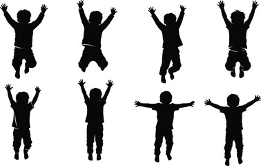 Children silhouettes and cartoon illustrations with raised arms in multiple artistic styles, vector design set for education, diversity, celebration themes