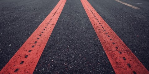 Dynamic road scene with red markings urban setting ground-level perspective asphalt texture modern concept