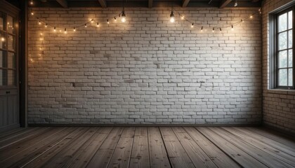 Atmospheric White Brick Wall and Distressed Wooden Floor with Soft String Lights, Ideal for a Vintage or Rustic Backdrop