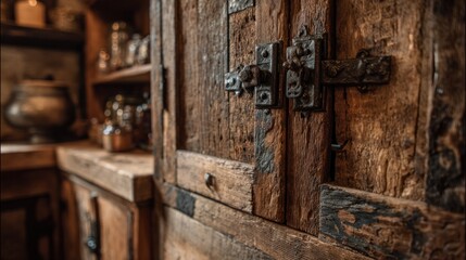 Rustic wooden cabinet with ornate iron hardware