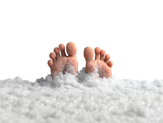 Bare feet buried in snow isolated on transparent or white background, png