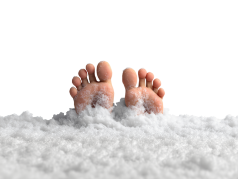 Bare feet buried in snow isolated on transparent or white background, png