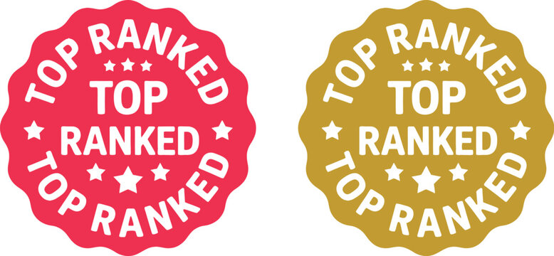 Two award badges, one red and one gold, celebrating top ranking achievement and excellence