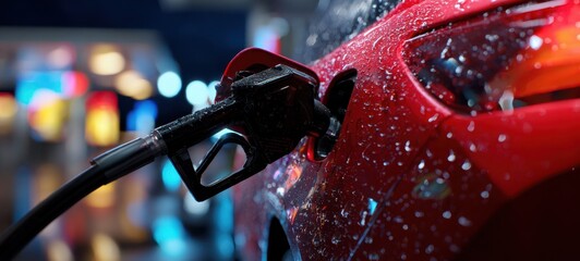 The Car Fuel Nozzle Filling Up at a Rainy Night Gas Station