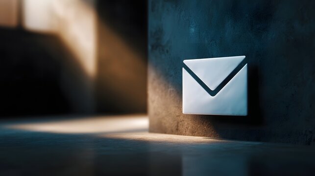 A white envelope icon on a textured dark wall illuminated by dramatic light rays symbolizing digital communication and security