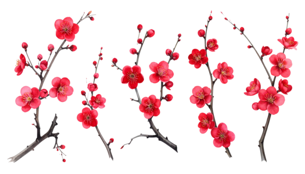 Assorted Red Sakura Branches, Curved Floral Elements, Transparent PNG