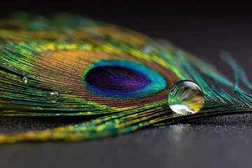 Fototapeta premium Close-up of a vibrant peacock feather with water droplets