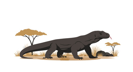 Komodo Dragon Illustration with Tongue Out in Natural Habitat.