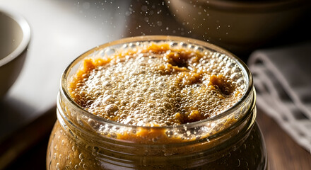 Close-Up Photograph Of Fermenting Brew In Glass Jar With Effervescent Bubbles