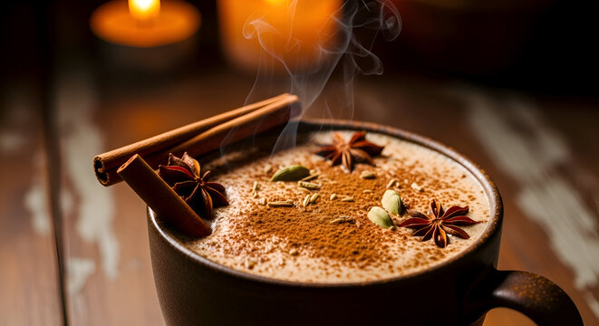 Close-up of warming chai tea with spices and cinnamon sticks, cozy and inviting aroma