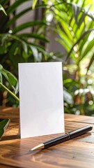 Blank card on a wooden table, surrounded by greenery