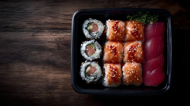 A Japanese sushi takeout container filled with fresh salmon and tuna rolls and sashimi neatly arranged on a dark wooden table - Powered by Adobe