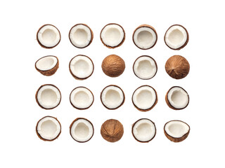 Halved coconuts arranged in a grid pattern isolated on transparent background