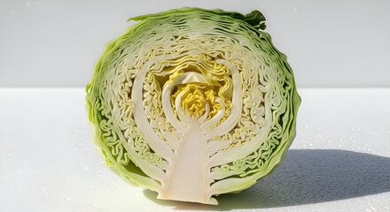 Obraz premium CloseUp View of a Freshly Cut Cabbage Head Showcasing Intricate Internal Structures