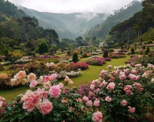 Lush rose garden valley view