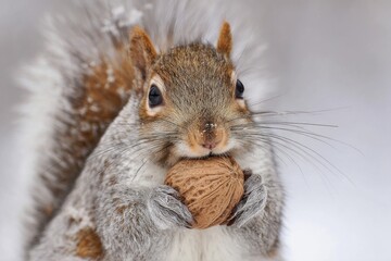 Obraz premium Close-up of a squirrel holding a nut in snowy setting