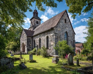 Naklejka premium Stone church and graveyard under trees