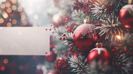 close up horizontal detailed image of shiny christmas ornaments with a blank rectangular white banner on the side, mockup space