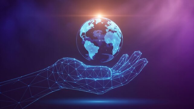 Abstract glowing globe held by futuristic wireframe hand, digital future concept - Powered by Adobe