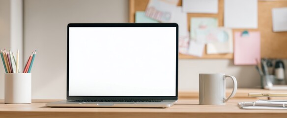 Fototapeta premium The Laptop on a Minimal Wooden Desk with Mug Stationery and Blank Screen