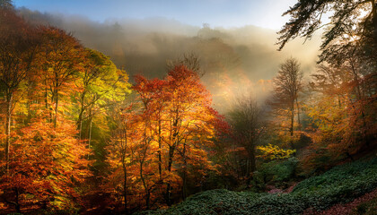 Fototapeta premium Misty Autumn Forest Canopy Bathed In Golden Sunlight With Vibrant Red Yellow And Green Foliage