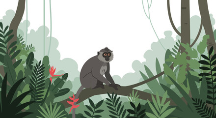 Cartoon Monkey Sitting on Branch in Lush Jungle Foliage.