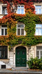 Autumn-hued facade with vibrant ivy