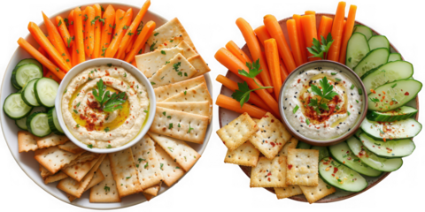 Two platters of hummus dip with carrot sticks, cucumber slices, and crackers, isolated on transparent background