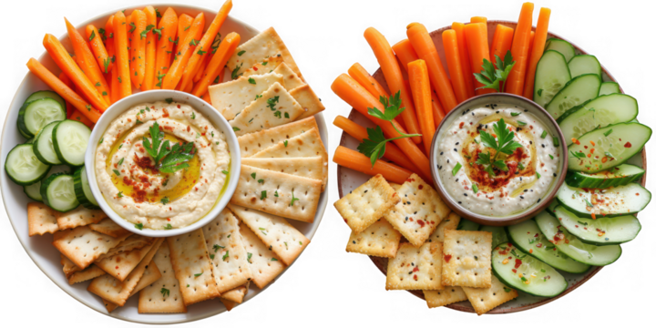 Two platters of hummus dip with carrot sticks, cucumber slices, and crackers, isolated on transparent background
