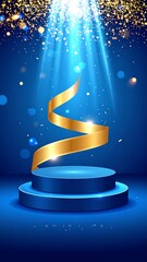 Award ceremony podium with golden ribbon and lights