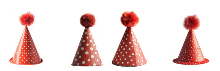 Four red party hats with white polka dots and red pompoms isolated on transparent background