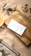 Blank card on wooden board, natural light