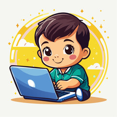 cute baby works on a laptop