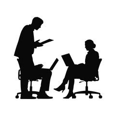 Silhouette of two business professionals collaborating on laptops in an office setting