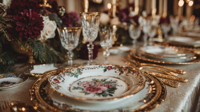 Ornate table setting with floral china and gold accents
