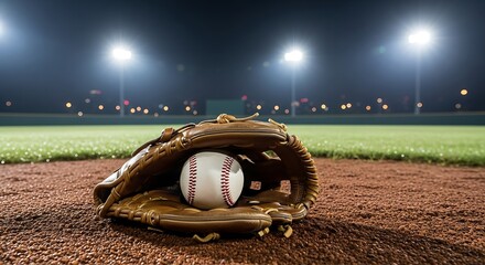 Baseball equipment sitting on the infield during an evening game