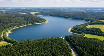 Obraz premium Aerial view of a serene lake surrounded by lush green forests and fields