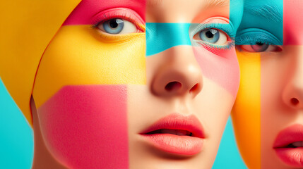 Obraz premium young woman with colorful cubes portrait of a girl with a colorful art Abstract geometric shapes art face fashion