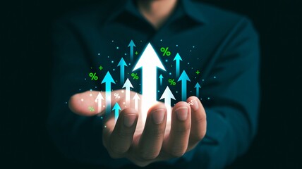 Business growth success visualized with upward arrows and percentages