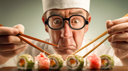 close up of sushi Chef preparing sushi rolls
