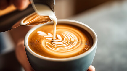 pouring coffee into a cup cappuccino latte in a glass Barista behind the bar pouring latte